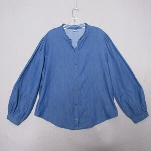 Old Navy Top Women XL Blue Chambray Cotton Ruffle Collar Capsule Wardrobe NWT‎